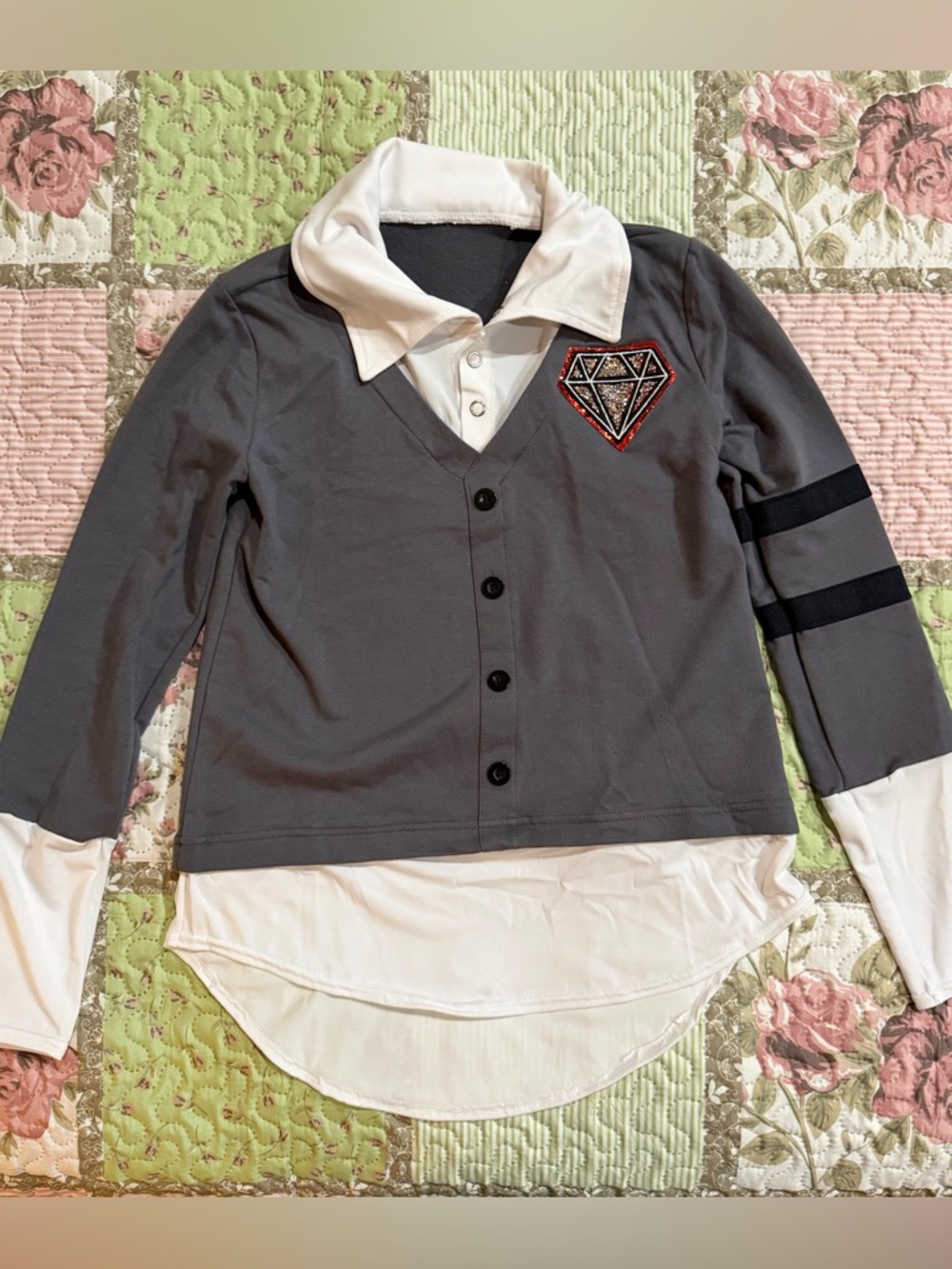 Weissman Gray and White Layered-Look Button Front Top with Diamond Patch